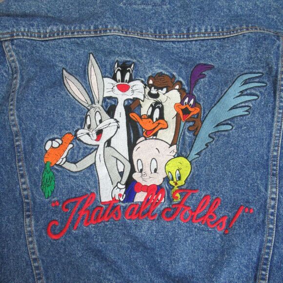Vintage Looney Tunes Jean Jacket Mens Small Blue Denim Thats All Folks Retro 90s - Picture 3 of 10